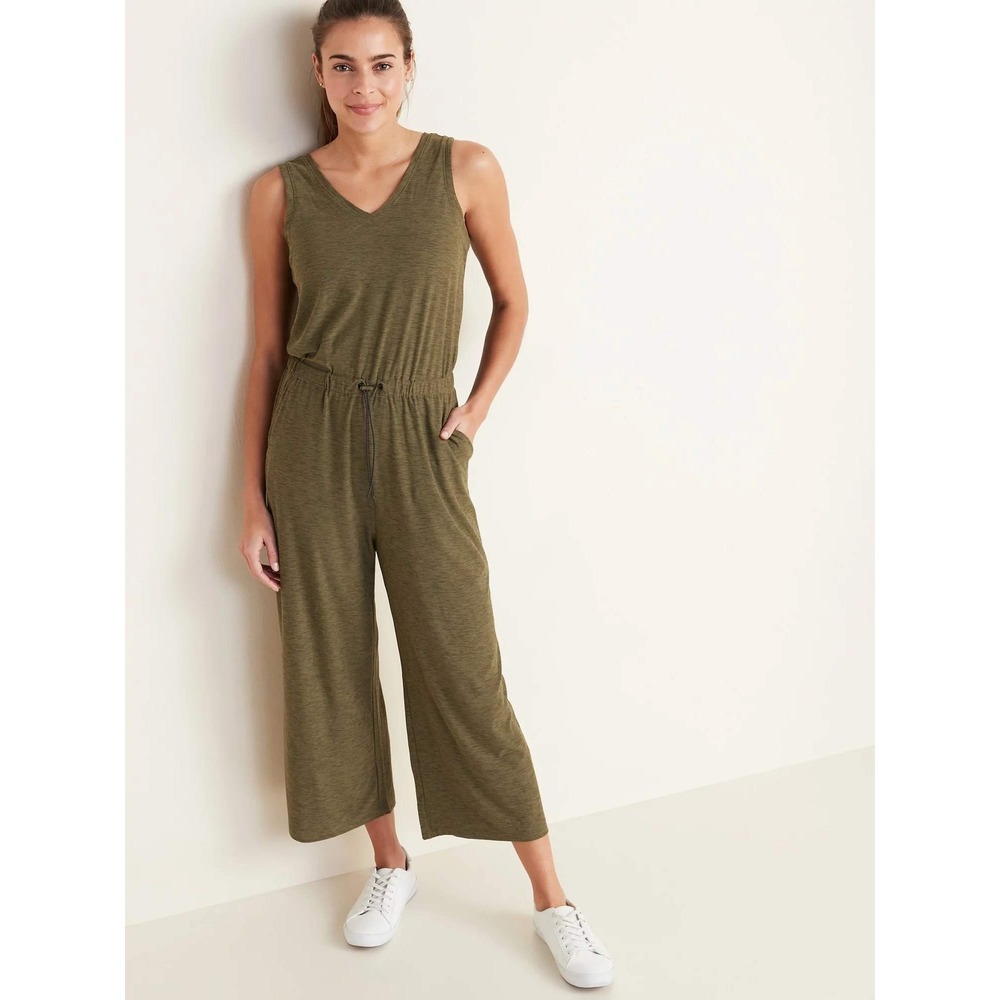 Old Navy Breathe ON Jumpsuit Heathered Olive Green Wide Leg Sleeveless EUC M